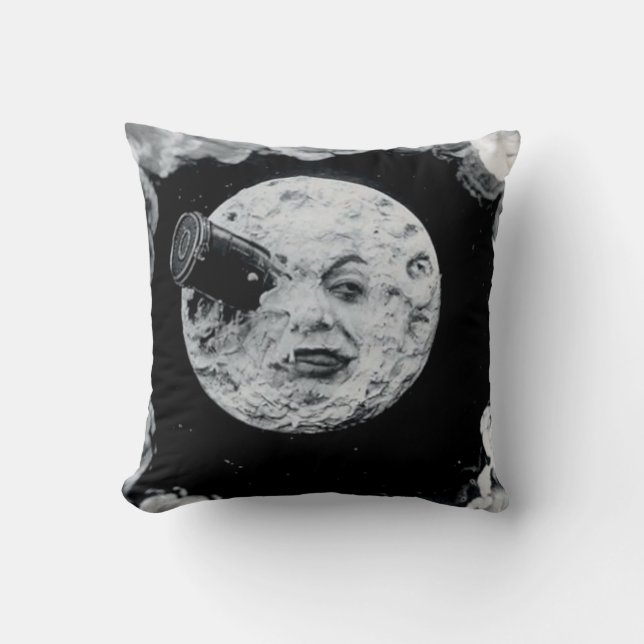 A Trip to the Moon (Black and White) Throw Pillow (Front)