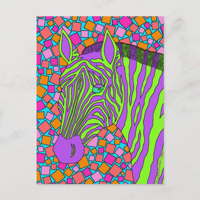 A Tropical Zebra Stripes Mosaic Purple Green Fun Postcard (Front)