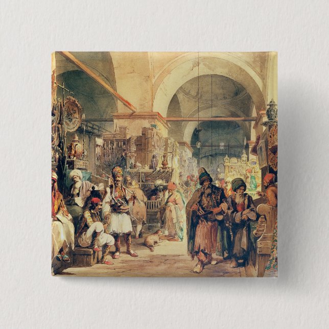 A Turkish Bazaar, 1854 (pencil & w/c on paper) 2 Inch Square Button (Front)