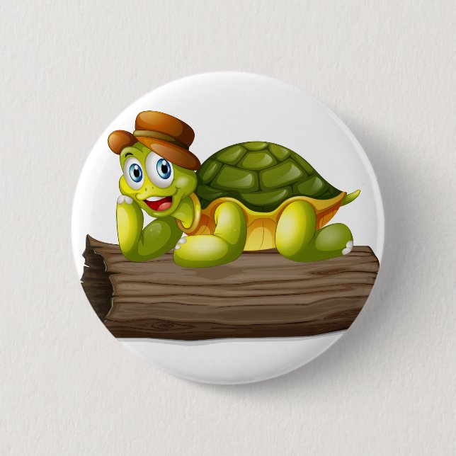 A turtle above a log 2 inch round button (Front)