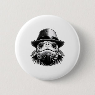 A turtle with a hat, a classic look 2 inch round button