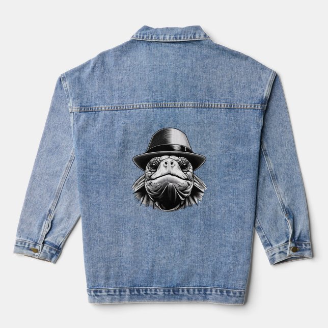 A turtle with a hat, a classic look denim jacket (Back)