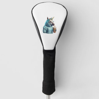 A unicorn with a hoodie drinks a coffee. 1 golf head cover
