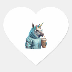 A unicorn with a hoodie drinks a coffee. 1 heart sticker