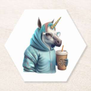 A unicorn with a hoodie drinks a coffee. 1 paper coaster