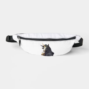 A unicorn with a hoodie drinks a coffee.  fanny pack