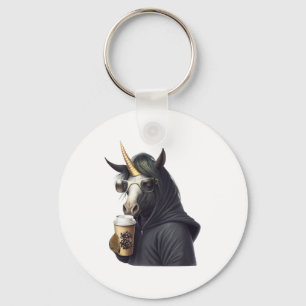 A unicorn with a hoodie drinks a coffee. keychain