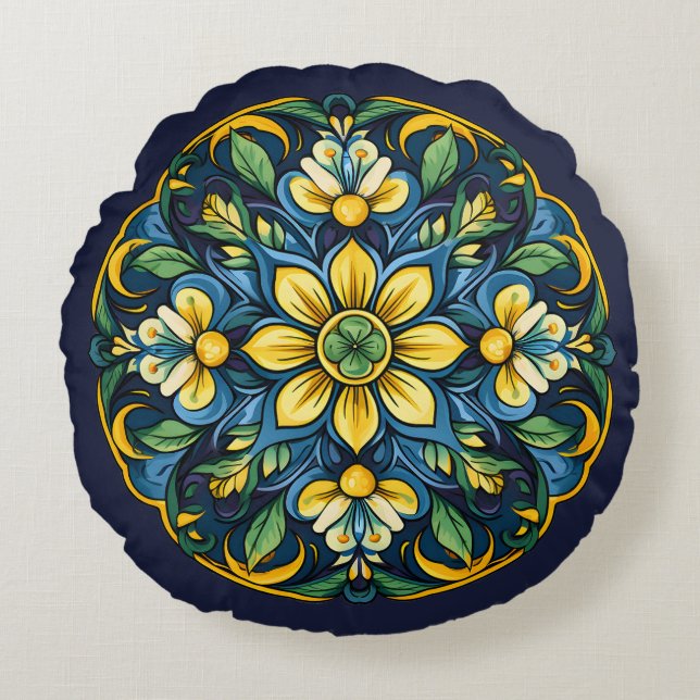 💚💙💛 A Unique Azulejo Elegance: Midnight Garden Round Pillow (Front)