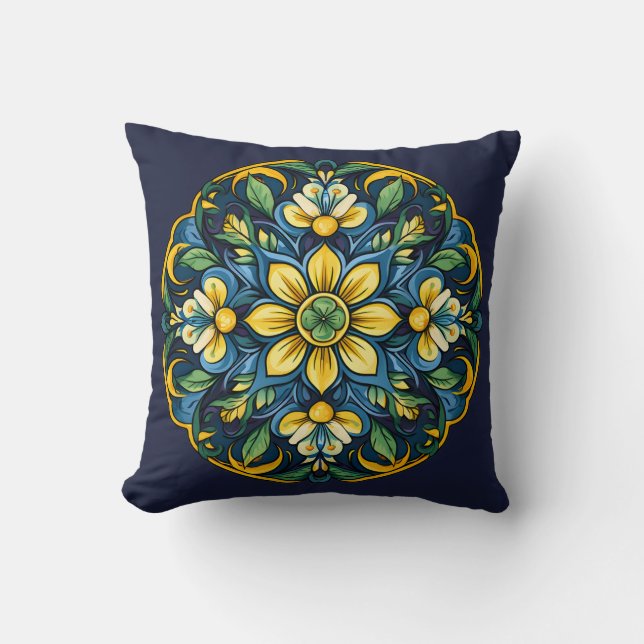 💚💙💛 A Unique Azulejo Elegance: Midnight Garden Throw Pillow (Front)