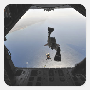 A US Air Force pararescueman jumping out Square Sticker