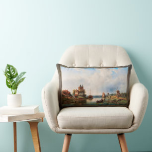 A Vast River Landscape With Windmills Lumbar Pillow