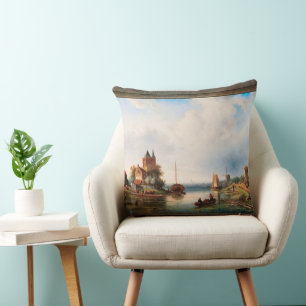A Vast River Landscape With Windmills Throw Pillow