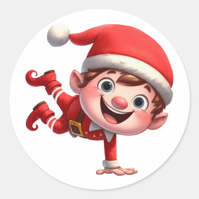 A very happy Christmas Elf doing a hand stand Classic Round Sticker (Front)