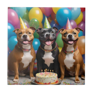 A Very Happy Staffy Birthday With Cake, Tile