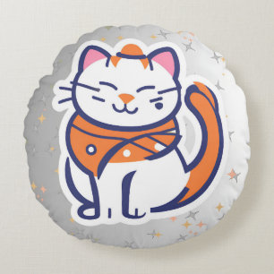 A very happy white and pink tuxedo cat RoundPillow Round Pillow