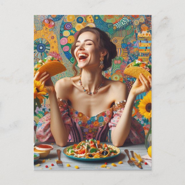 A Very Happy Woman With Tacos Postcard (Front)