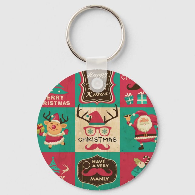 A Very Manly Christmas Moustache Collage Keychain (Front)
