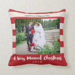 A Very Married Christmas, Photo Personalized Throw Pillow<br><div class="desc">This red and tan striped pillow is a great gift for newlyweds. It features a modern red and tan stripe background,  customizable photo frame and customizable text for names of the bride and groom and the year. The backside is the same bold stripe pattern.</div>