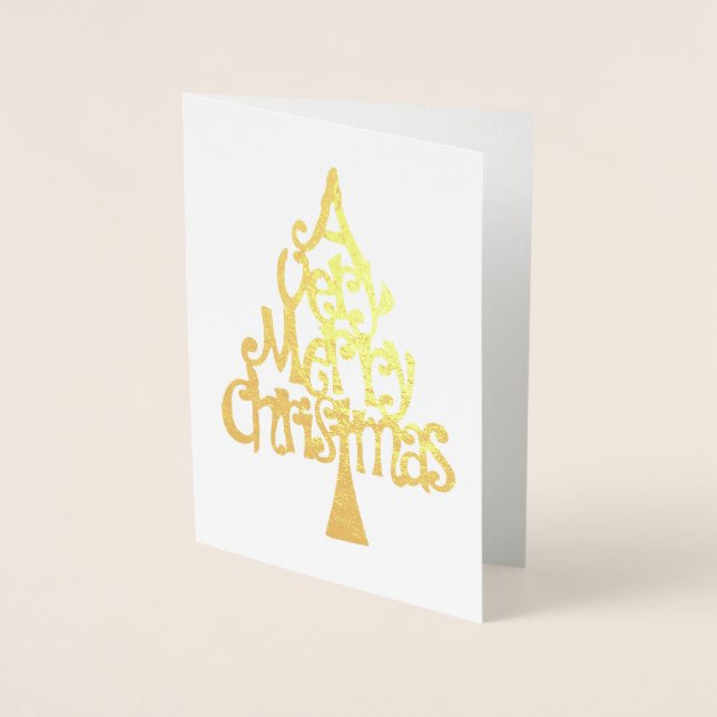 A Very Merry Christmas Gold Tree Typography Foil Card (Front)