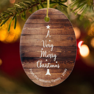 A Very Merry Christmas tree on rustic wood Ceramic Ornament