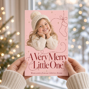 A Very Merry Little One Pink Christmas Child Photo Holiday Card