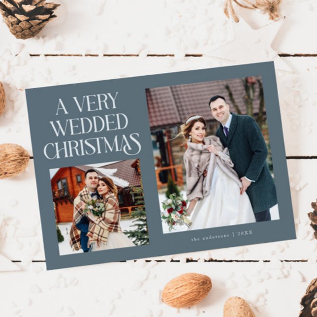 A Very Wedded Christmas Newlywed Photo Slate Blue Holiday Card (Creator Uploaded)