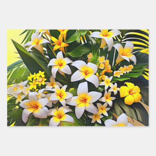 A vibrant arrangement of white and yellow plumeria wrapping paper sheet