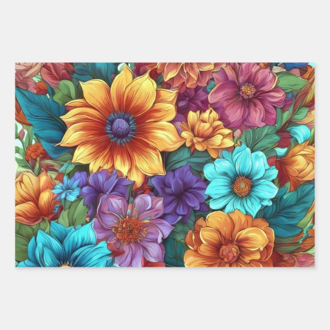 A vibrant assortment of flowers wrapping paper sheet (Front)