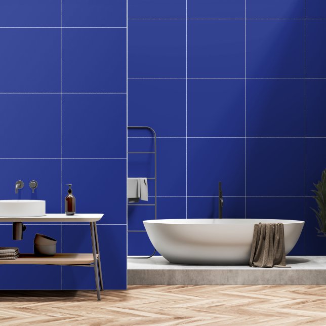 A vibrant blue backdrop with a clean white square  wallpaper (Bathroom)