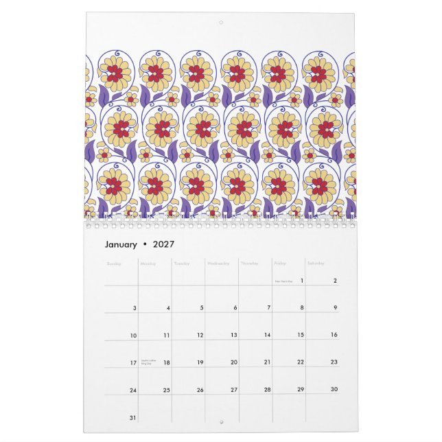 A vibrant design featuring yellow and orange creat calendar (Jan 2027)