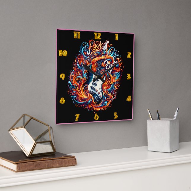 A vibrant electric guitar bursts with energy square wall clock (Office)
