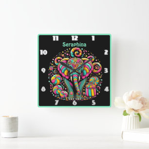 A vibrant elephant surrounded by colourful sweets square wall clock