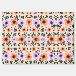 A vibrant floral pattern features orange magnet