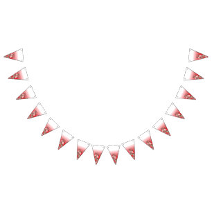 A vibrant graphic design features a red, patterned bunting flags