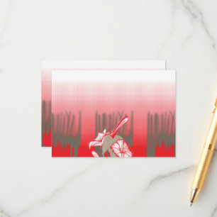 A vibrant graphic design features a red, patterned enclosure card