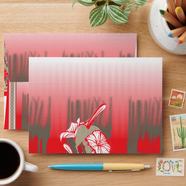 A vibrant graphic design features a red, patterned envelope (Desk)