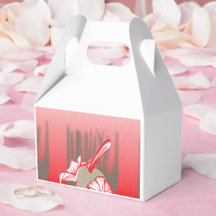 A vibrant graphic design features a red, patterned favor box