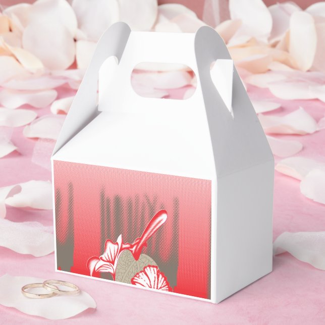 A vibrant graphic design features a red, patterned favor box (Wedding)