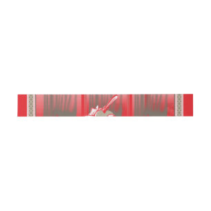 A vibrant graphic design features a red, patterned invitation belly band