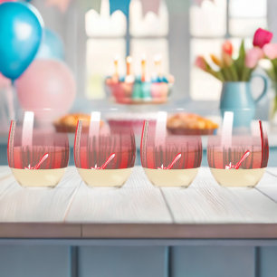 A vibrant graphic design features a red, patterned stemless wine glass