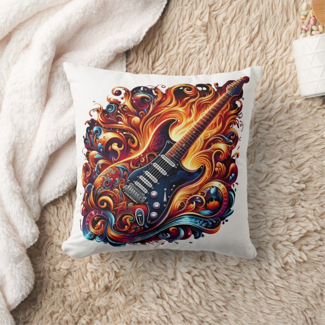 A vibrant guitar surrounded by swirling flames throw pillow (Blanket)