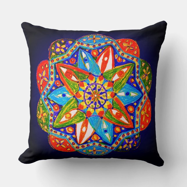 A vibrant mandala throw pillow (Front)