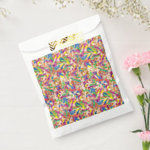 A vibrant modern art piece featuring a pink and mu favour bag