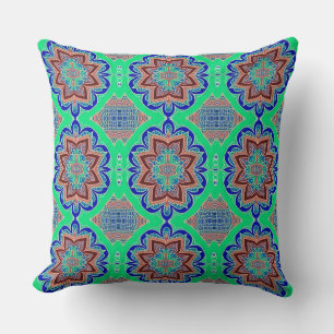 A vibrant multicolor fabric pattern design throw pillow