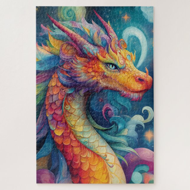A vibrant psychedelic dragon jigsaw puzzle (Vertical)