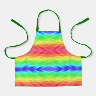A vibrant, rainbow-patterned apron with green 