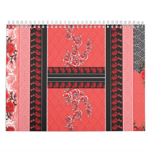 A vibrant red and black scarf adorned with a strik calendar
