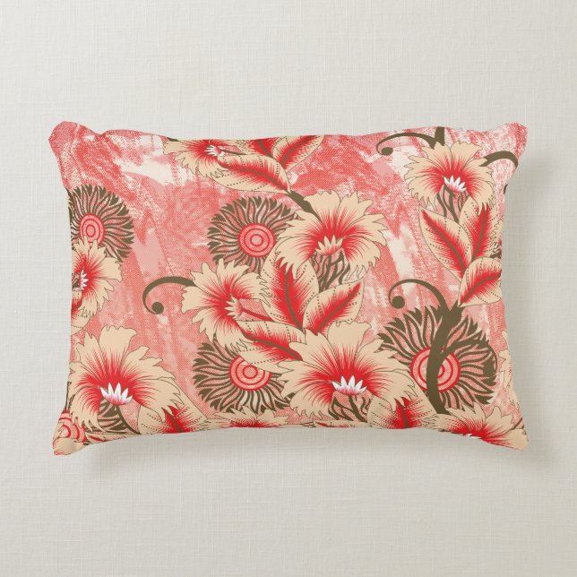 A vibrant red and peach textile design featuring f accent pillow (Front)