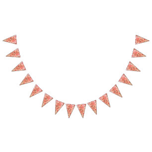 A vibrant red and peach textile design featuring f bunting flags
