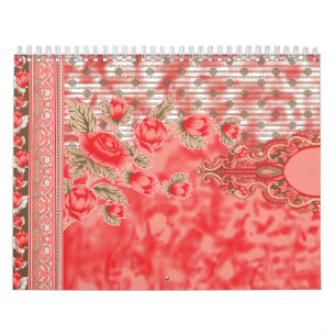 A vibrant red and pink floral pattern featuring el calendar